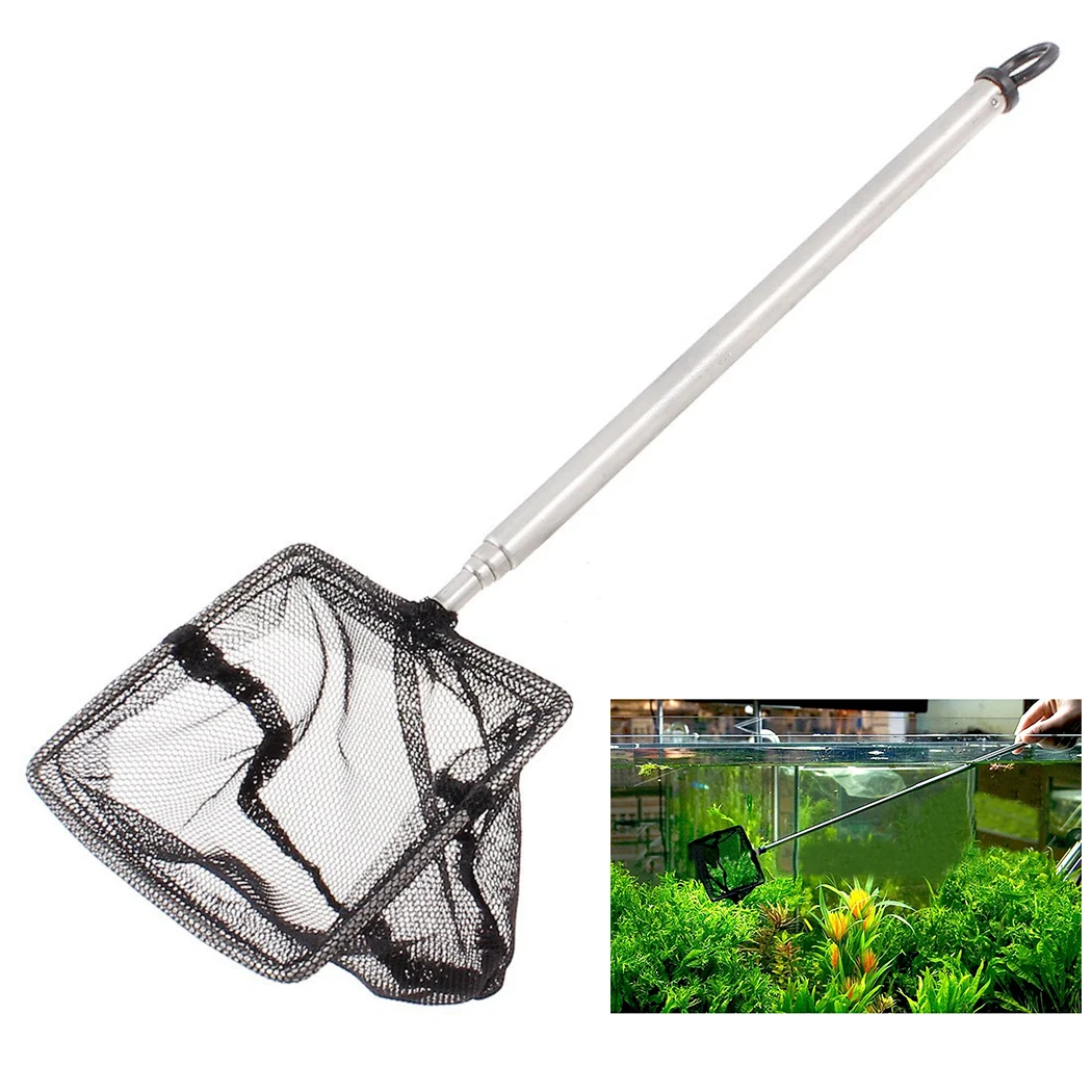 Aquarium Fish Nets Portable Long Handle Stainless Steel Aquarium Fish Tank Fishing Net Landing Net Floating Tank Cleaning Tools