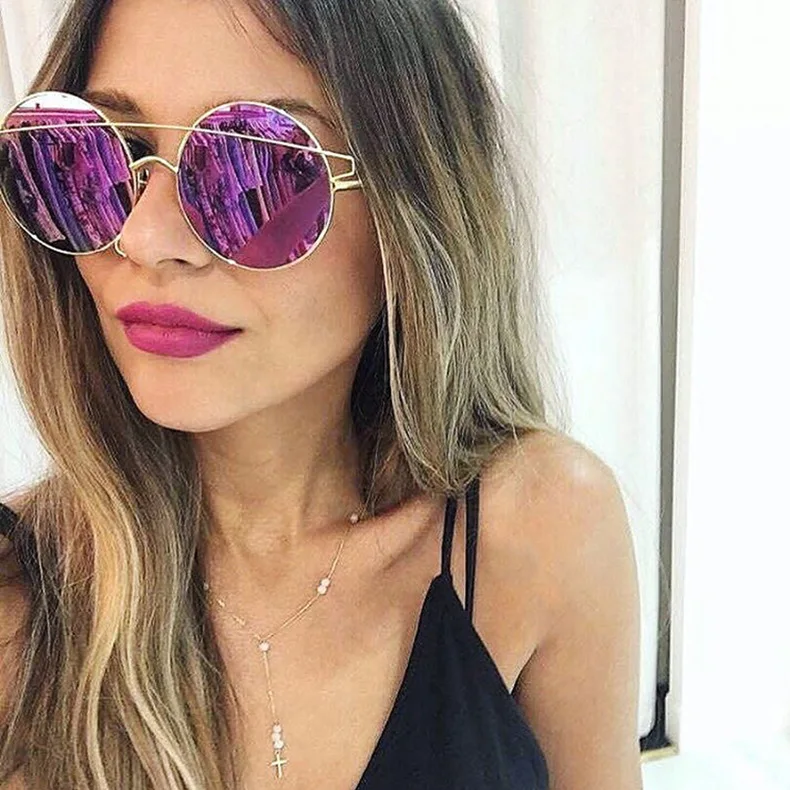 Hot Vintage Round Big Oversized Lens Mirror Brand Designer Pink Sunglasses Lady Men Cool Shades Women Two Beam Sun Glasses 336