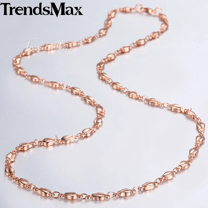 4mm Neckalce For Women Girls 585 Rose Gold Color Bud Link Chain Necklace Woman Fashion Jewelry Valentines Gifts 45cm 50cm 55cm