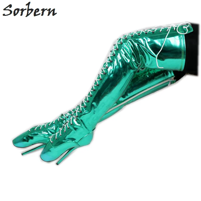 Sorbern Metallic Green Mid coscia stivali donna balletto tacchi a spillo 18Cm scarpe da donna 44 misura gamba personalizzata calzature Sm Boot