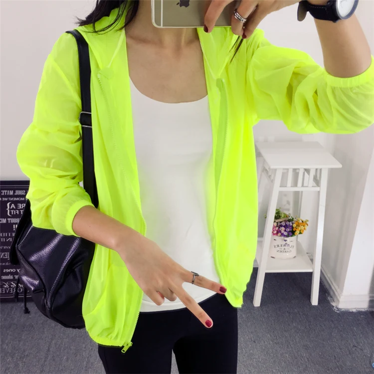 Summer Thin Sunscreen Jacket 2021 Women Quick Dry Zipper Coat Iridescent Transparent Casual Bomber Sunproof Hooded Jacket