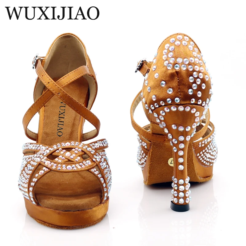 WUXIJIAO nowych kobiet wodoodporna platforma satynowe buty do tańca latynoskiego Rhinestone Salsa buty do tańca towarzyskiego kolory brązu