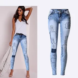 Collant skinny patchwork blu cielo a vita bassa stile estivo Jeans a matita da donna Jeans moda donna push up sexy ad alta elasticità