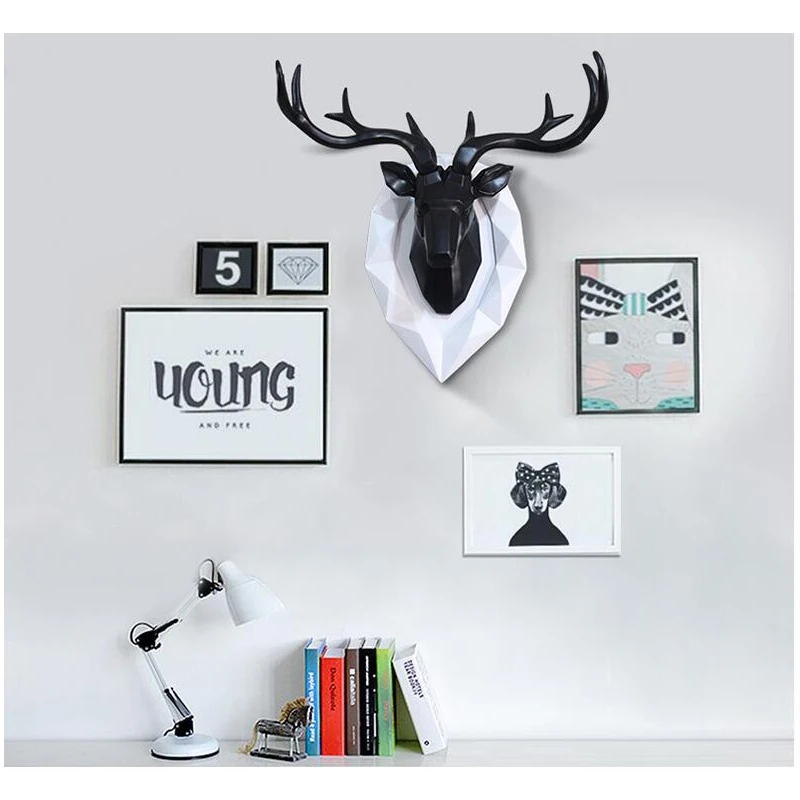 

Home Statue Decoration Accessories Furnishing Wood Resin Deer Head Craft Home Hanging Pendant Bar Mural Deer Living Room Wall