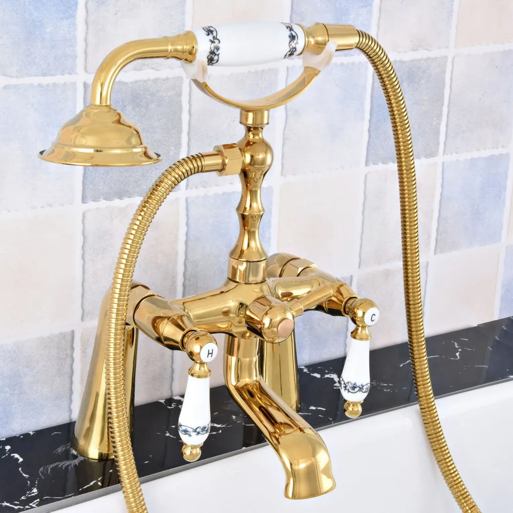 

Luxury Gold Color Brass Deck Mounted Bathroom Tub Faucet Dual Handles Telephone Style Hand Shower Clawfoot Tub Filler atf779