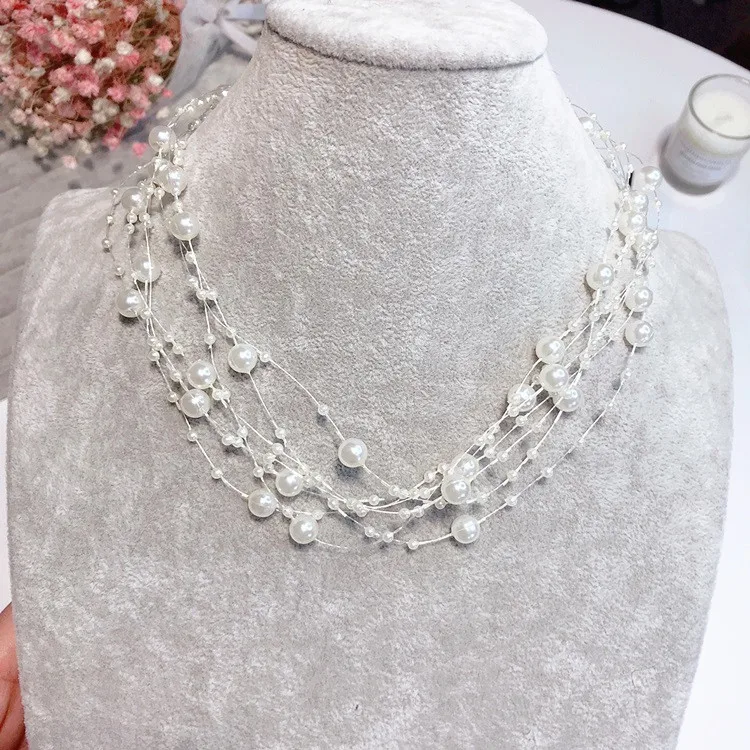 Multi-layer Wedding Statement Necklace Women Fashion Simulated Pearl Jewelry Party Invisible Line Choker Korean Maxi Colar Bijou