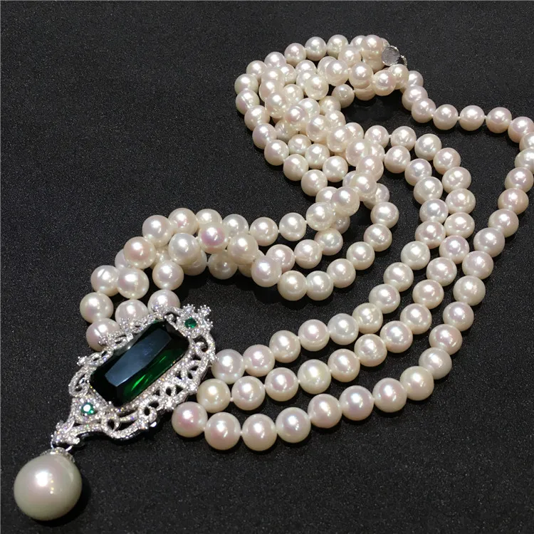 

3rows freshwater pearl white near round 8-9mm 17-19inch necklace& blue pendant wholesale nature beads FPPJ