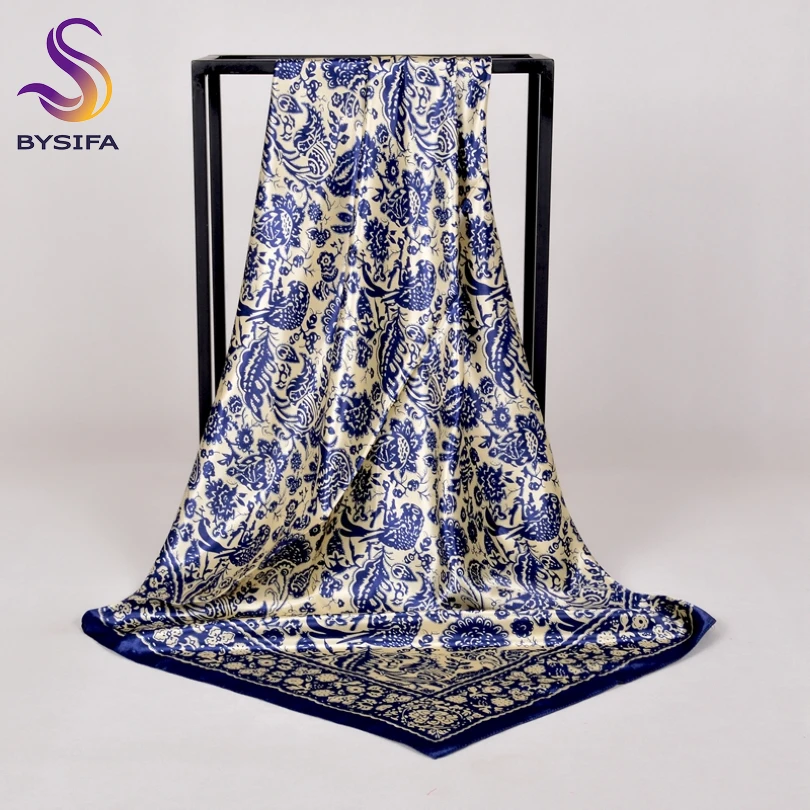 BYSIFA-bufanda de seda de estilo chino para mujer, chal cuadrado grande de satén, pañuelo elegante para la cabeza, Hijab rojo, azul y dorado, nueva