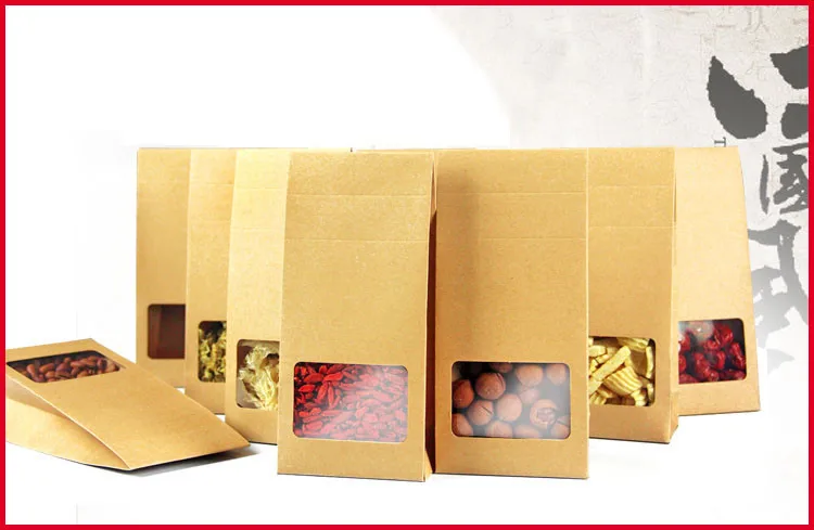 

10cm*23.5cm+3cm*140Mciron Kraft Paper Stand Up Bags With Window Candy Nuts Packaging Bags 100pcs/lot Free shipping