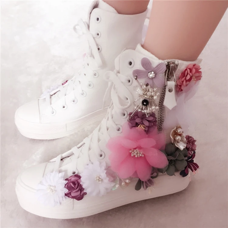 Sweet Flowers Women Canvas Shoes Flat Shoes High Top Manual Side Zipper Rhinestone Flowers Ladies Canvas Shoes Pearl