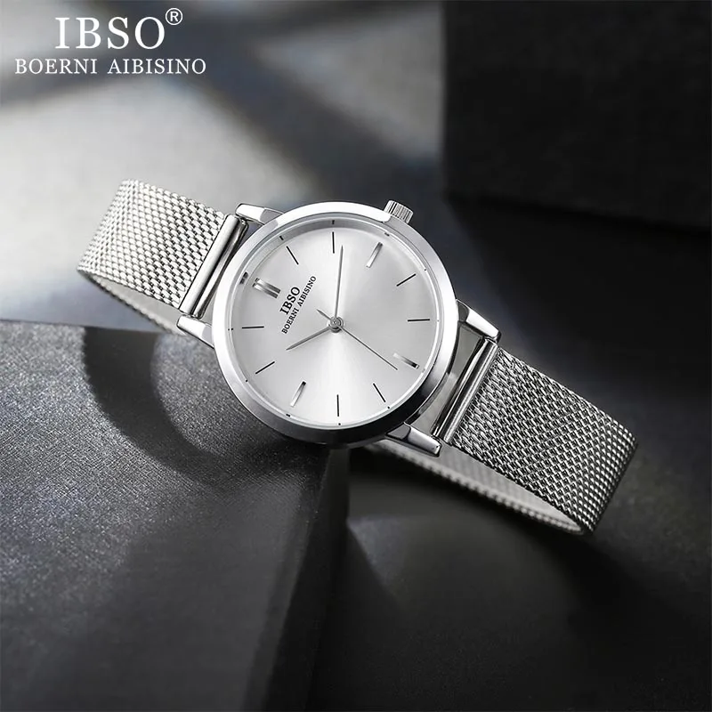 IBSO Women\'s Quartz Watches Fashion Ultra thin Stainless Steel Mesh Strap Quartz Clock Hours Ladies Simple Relogio Masculino