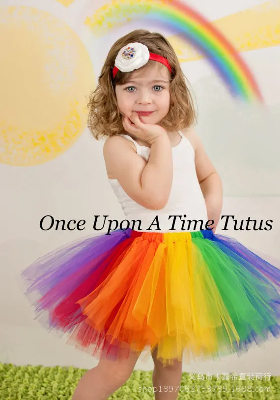 Beautiful Girl\'s Rainbow Color Tutu Skirts Baby Handmade Multicolor Tulles Tutus with Flower Headband Kids Party Pettiskirt 1Pcs