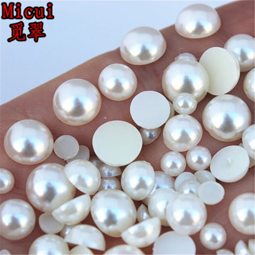 Micui 6/8/10/12mm White/Ivory Round Imitation Pearl ABS Half Pearls Flatback BeadS For Jeweory Clothes Crafts Decoration MC134