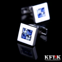 Kflk Jewelry Shirt Fashion Cufflinks For Mens Brand Square Blue Crystal Cuff Link Button Wedding Male High Quality guests