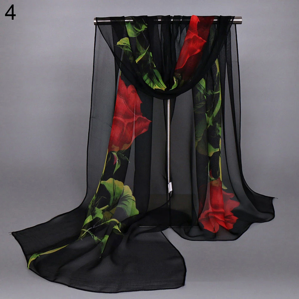 Women Fashion Long Soft Wrap Shawl Rose Flower Printed Sheer Chiffon Scarf шарф