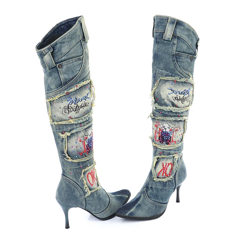 2024 New Retro Pointed Toe Denim Boots Women Winter Warm Jean Shoes Woman High High Botas Mujer Rhinestone Knee High Boot