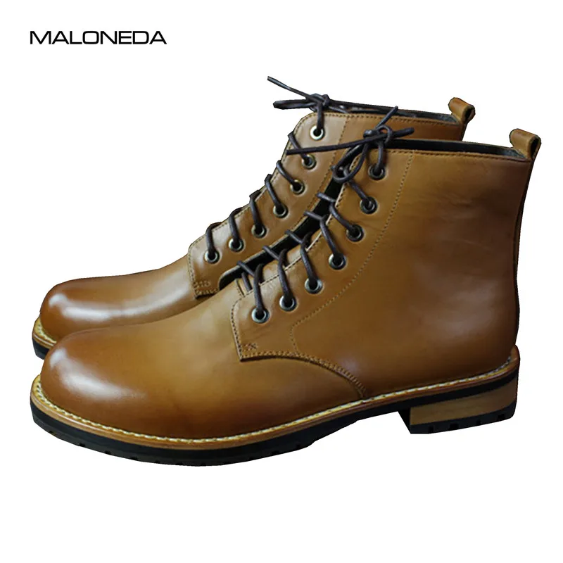 

MALONEDE Making New Shoes After Ordering Mens Handmade Genuine Cow Leather Lace up Short Boots with Goodyear Welted