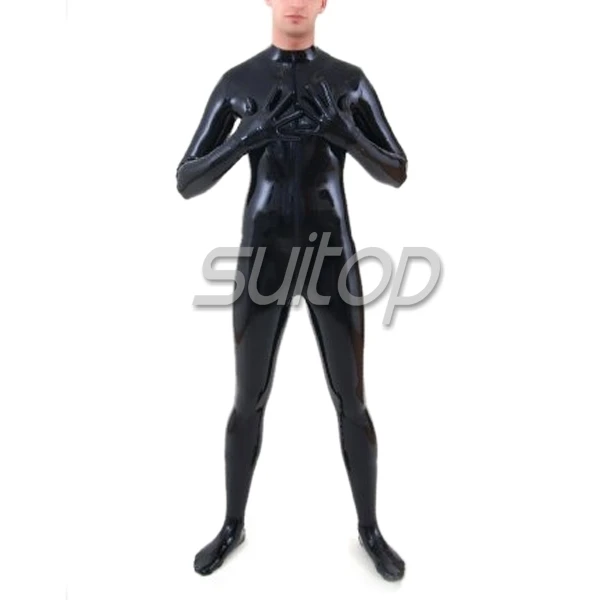 Men's Suitop Latex rubber catsuit sexy back latex catsuit full cover suit with gloves &socks