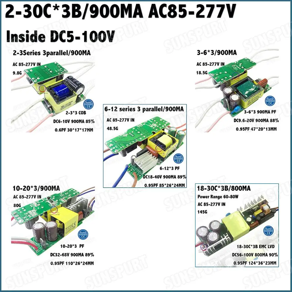 

Inside 5-80W AC85-277V LED Driver 2-3Cx3B 3-6Cx3B 6-12Cx3B 12-20Cx3B 18-30Cx3B 900mA DC5-105V Constant Current Free Shipping