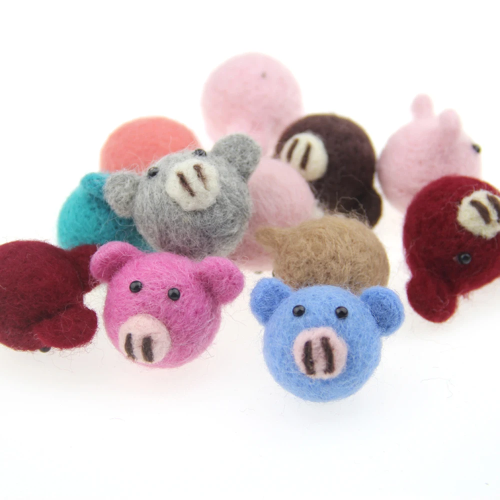 10pcs Animal Felt Wool Doll Fashion Cute Cartoon Piggy Wool Felt Ball Dolls DIY Jewelry Accessory 30mm for Kids Home Decoartion