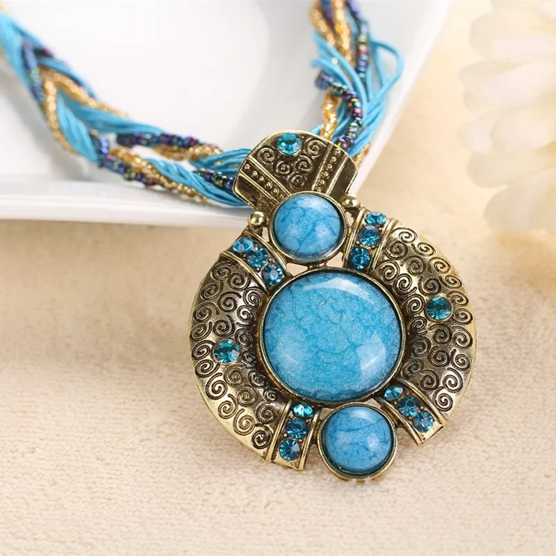 Ahmed New Bohemian Vintage Geometric Crystal Stone Handmade Necklace for Women Ethnic Multilayer Chain Necklace Pendant 2019