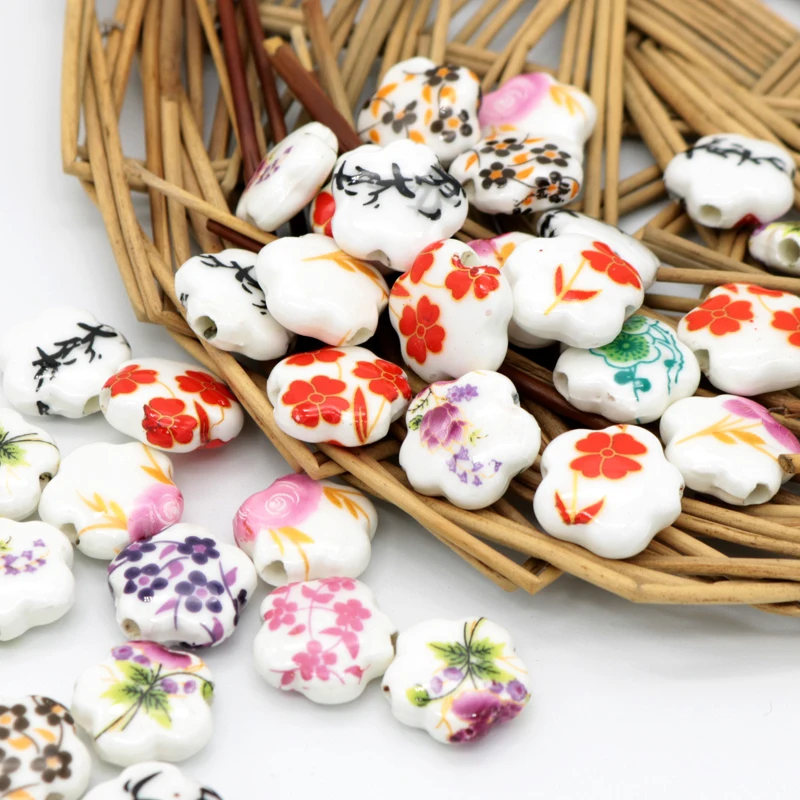 10pcs/lot 15mm Ceramic Beads Flower Porcelain DIY Beads Handmade Jewelry Making Accessories Straight Hole Spacer Beads Wholesale