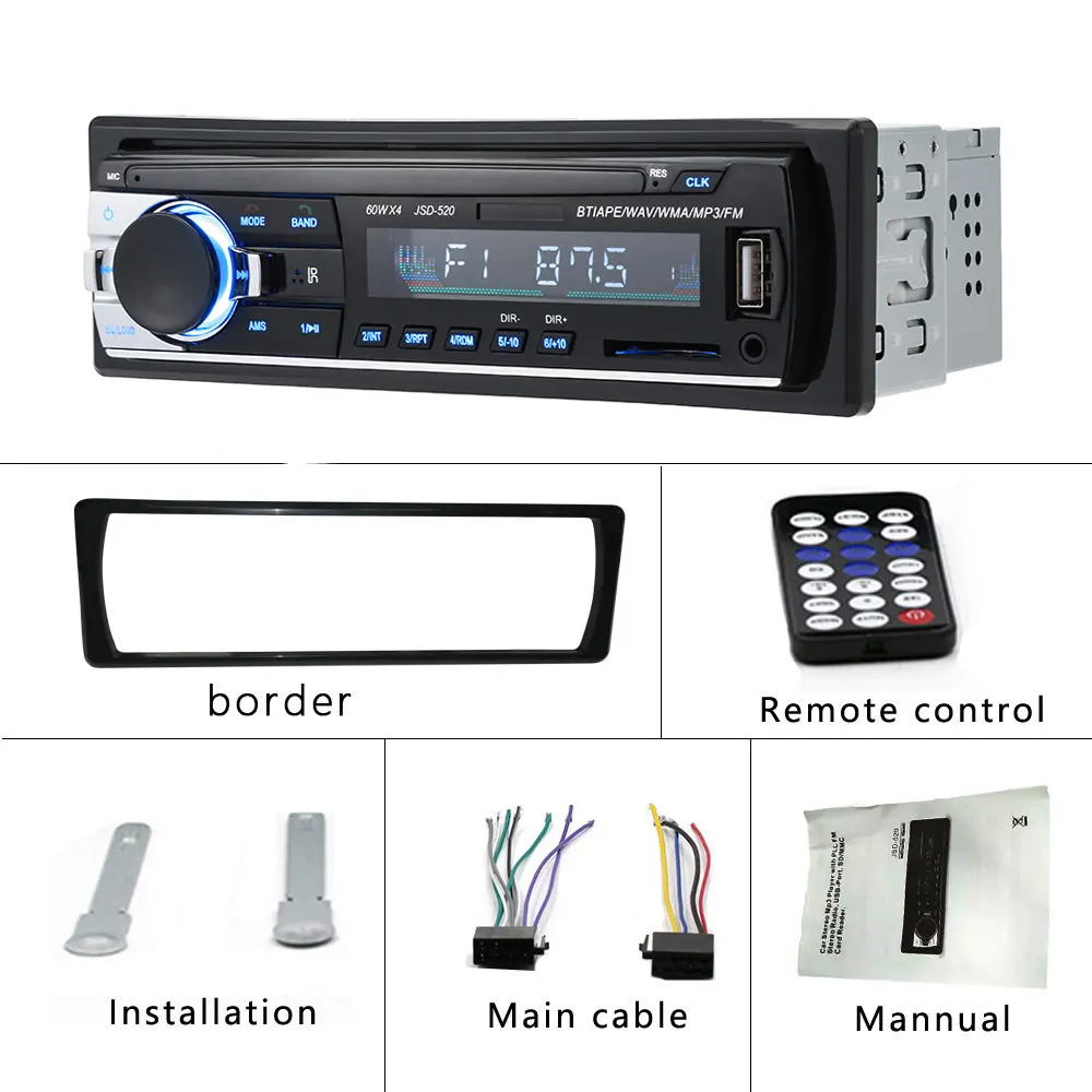 Podofo-Bluetooth Leitor multimédia automóvel, Auto-adio, Rádio, Estéreo, FM, Entrada auxiliar, Receptor, SD, USB, JSD-520, 12V, In-dash, 1 din,