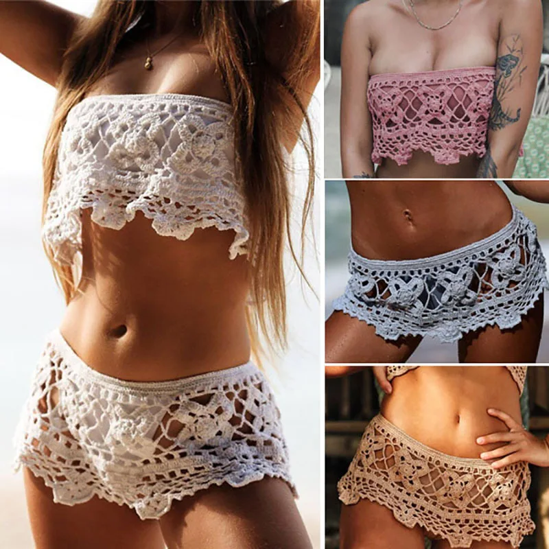 Kobiety Crochet Bikini Crop górna pokrywa Up Sexy Hollow-Out owinięta bluzka w klatce piersiowej krótka spódnica spódnica wiązana stroje kąpielowe-dwa rodzaje