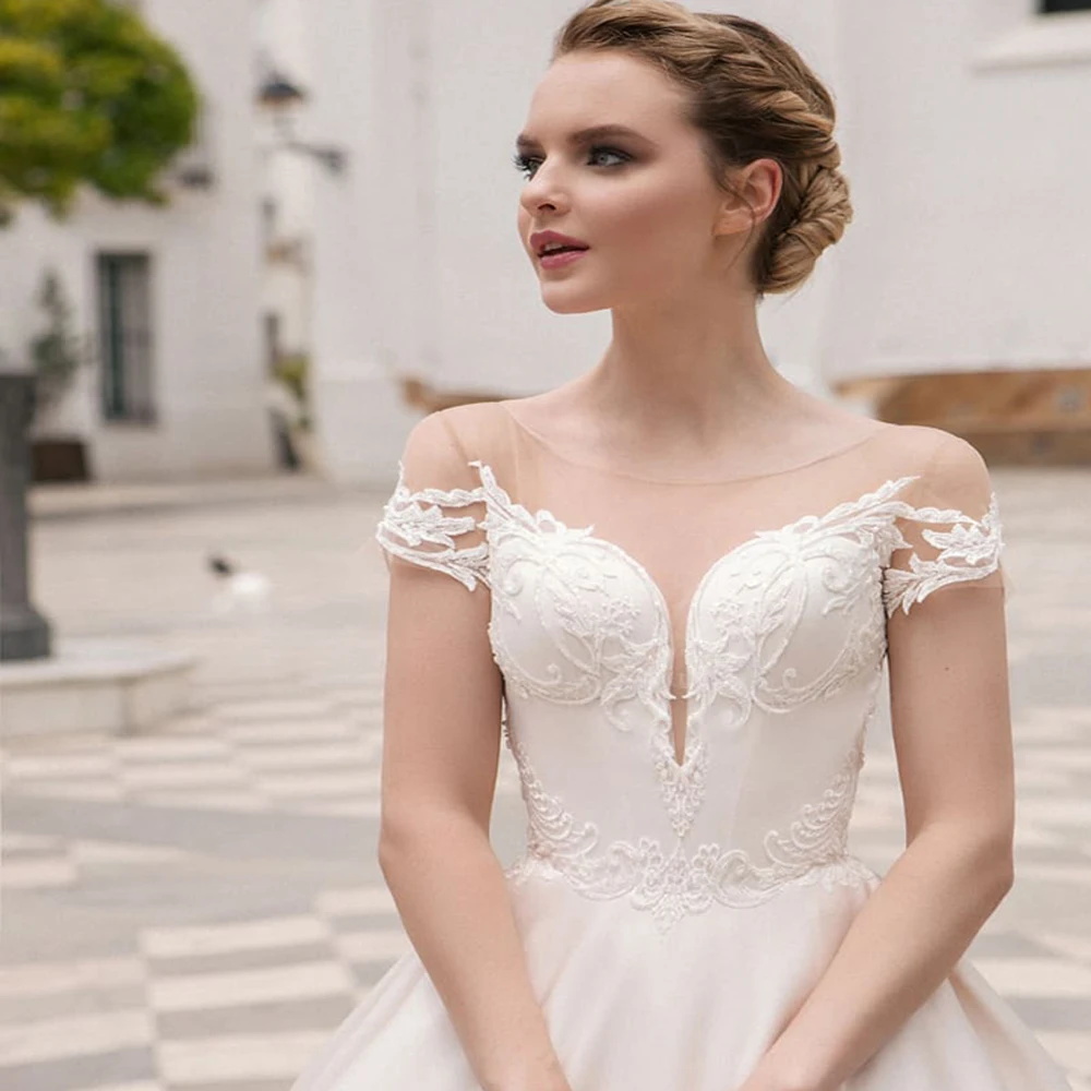 Vestidos de Novia de satén de manga corta con cuello redondo clásico, apliques personalizados, vestido de baile Blanco/Marfil, vestido de Novia