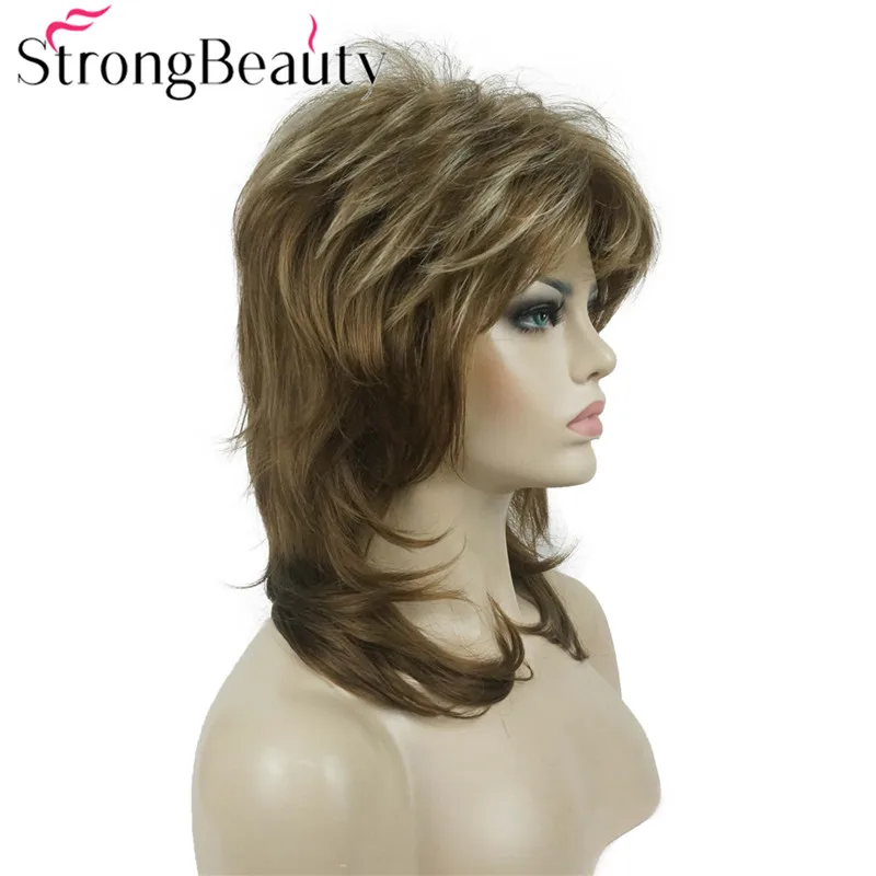 StrongBeauty-Perucas de cabelo ondulado médio longo sintético para mulheres, peruca natural sem tampa