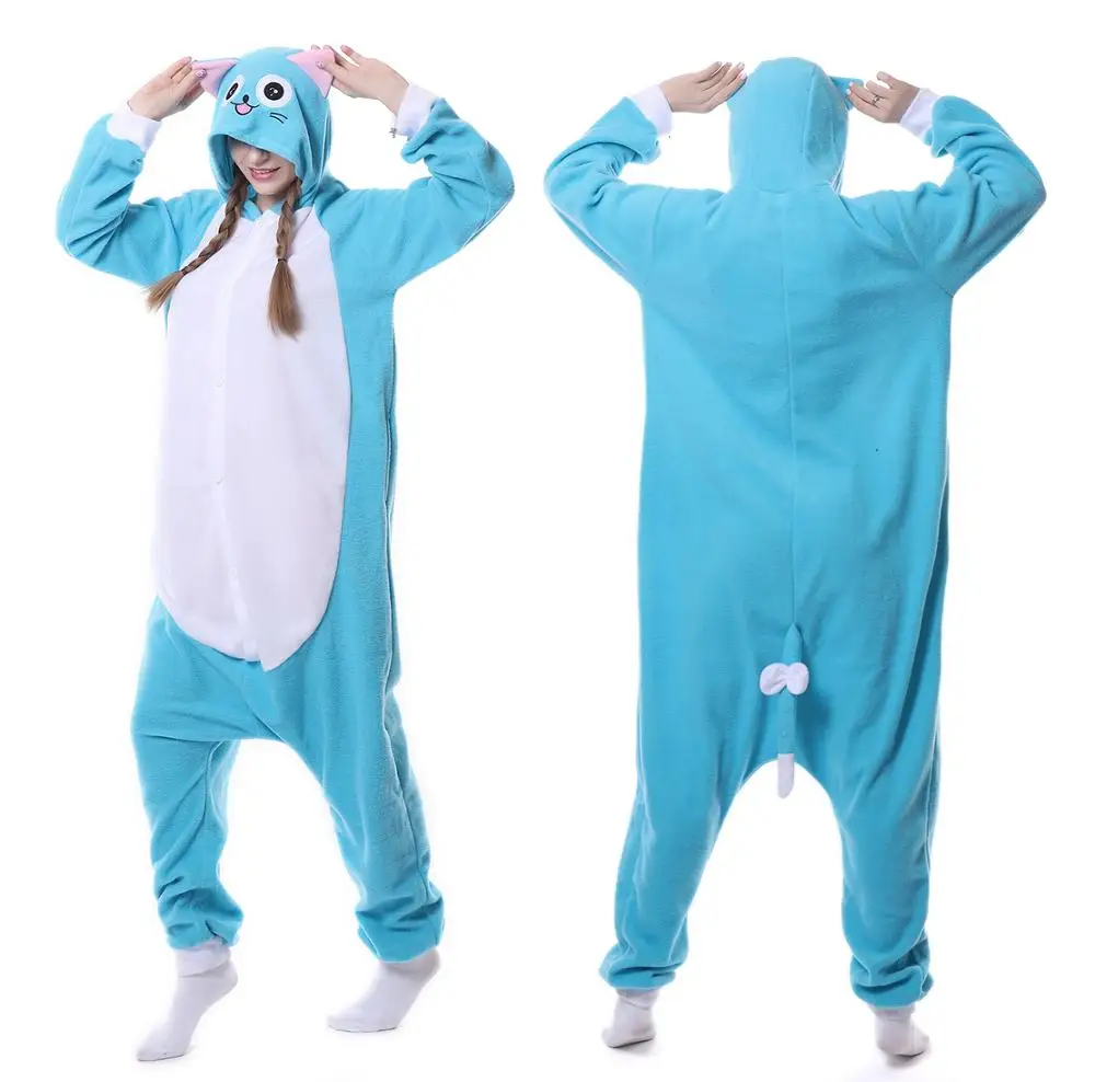 Inverno adulto donna animale Anime coda di fata felice blu gatto pigiama Halloween festa di natale tutine Cosplay pigiama vestito operato