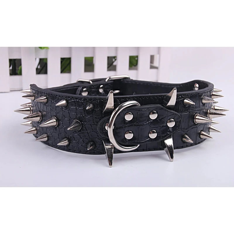 High Quality PU Leather Black Dog Collars Cool Spiked & Studded Pet Dog Collar For Medium Large Dogs Pitbulls Mastiff Bully 089