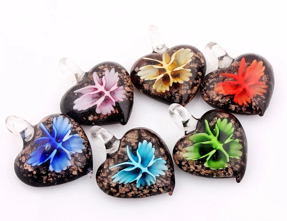 Q Wholesale 6pcs Handmade Murano Lampwork Glass Mix Color Butterfly Flower Pendant Fit Necklace Gift