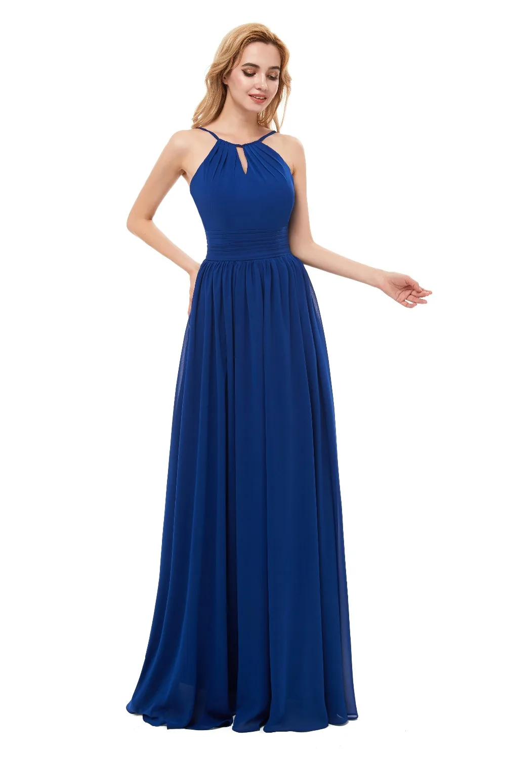 Chiffon Abiti Da Damigella D'onore Lunga 2020 Royal Blue Halter Neck Backless Festa di Nozze Ospite Abiti