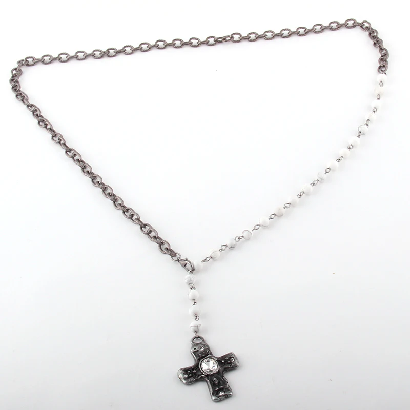 Fashion Bohemian Jewelry 6mm Stone Rosary Chain and Black Gun Chain Metal Cross Pendant Necklaces Women Ethnic Necklace