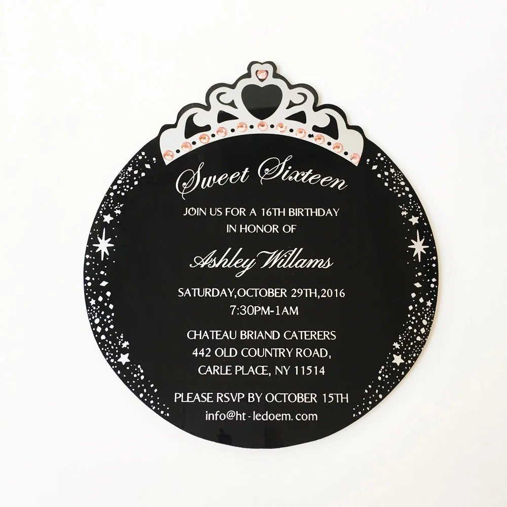 150x170mm Round Princess Crown Shape Black Acrylic Birthday Invitation Card Sweet Sixteen Invitation Card 100pcs Per Lot