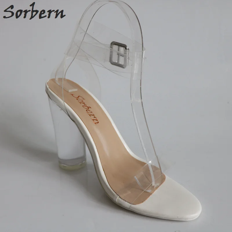 Sorbern See Through Pvc Ankle Strap Women Sandals Clear Round Heels Sandals Summer Shoes White Heels Multi Colors Chunky Heel