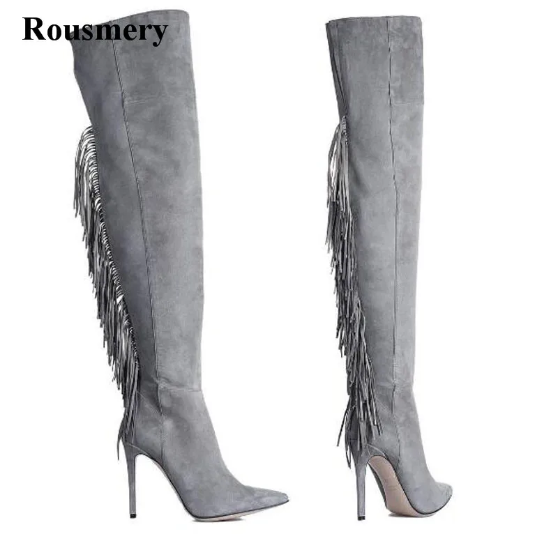 

Hot Selling Women Fashion Pointed Toe Suede Leather Over Knee Tassels High Heel Boots Sexy Long Thigh Fringes Boots