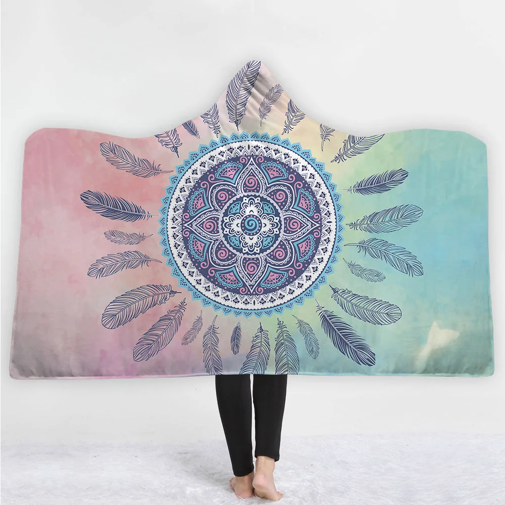 Dream Catcher Printed Hooded Blanket Wearable Throw Blanket Fashion Fleece Fabric Sofa Couch Bed Cover Carpet 1.5*2m/1.5*1.3m