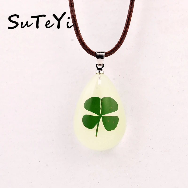 Four Leaf Clover Necklace Glow In the Dark Water Drop Dried Flower Pendant Necklaces