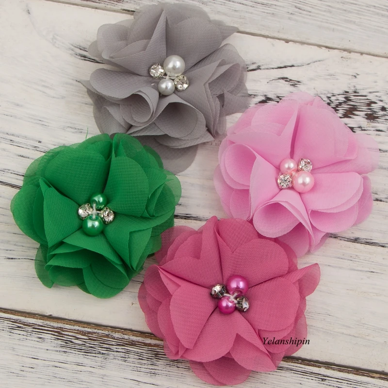 

50pcs/lot 2" 20 Colors DIY Mini Chiffon Flowers Hair Clip With Pearl Rhinestone For Flower Headbands and Girls Hair Accessories