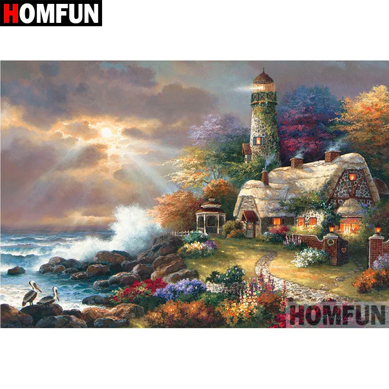 

HOMFUN Full Square/Round Drill 5D DIY Diamond Painting "Lighthouse house" Embroidery Cross Stitch 5D Home Decor Gift A08732