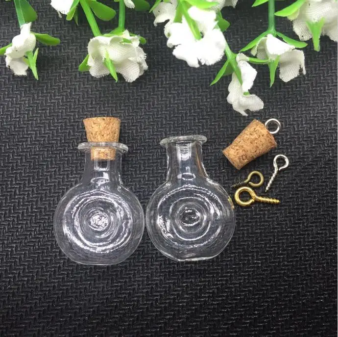 50pcs/lot transparent diy Glass Bottle XO flat Round Cork Small Handmade Wish Vials pendants sample jars metal eyehook free