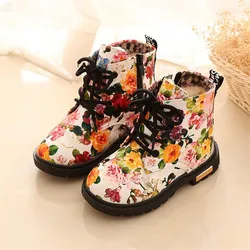 Botas de nieve con estampado de flores para niños y niñas, zapatos de cuero PU, botines con cremallera, moda de otoño e invierno