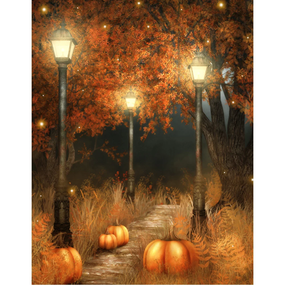 

Happy Halloween Backdrop Photography Printed Old Trees Fireflies Street Light Pumpkins Newborn Baby Kids Photo Studio Background