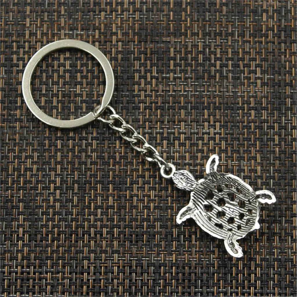 New Fashion Men 30mm Keychain DIY Metal Holder Chain Vintage Hollow Tortoise Turtle Sea 38x25mm Silver Color Pendant Gift