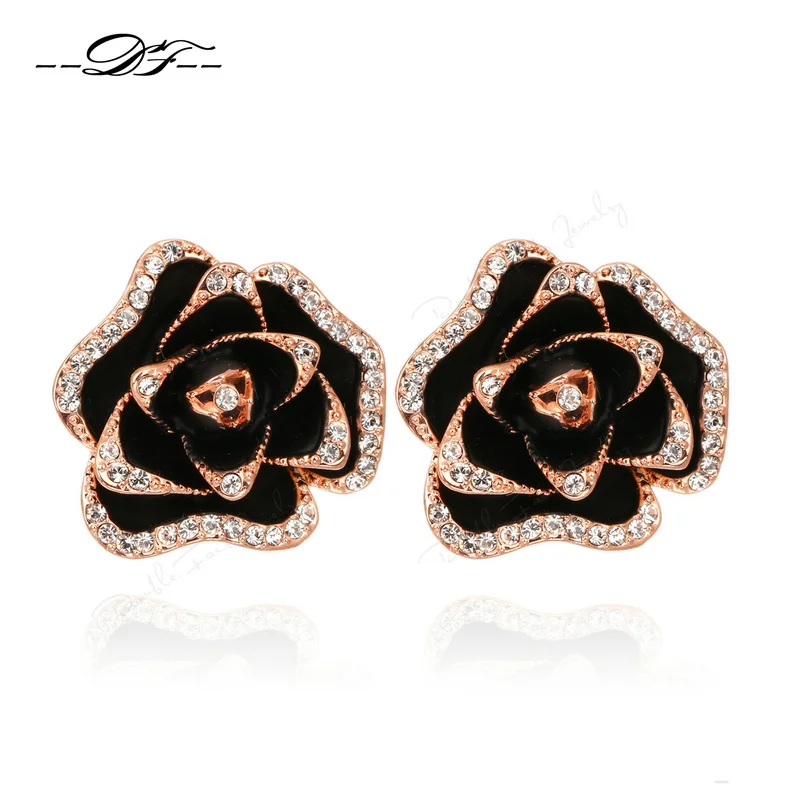 Black Rose Flowers Cubic Zirconia Crystal Stud Earrings Rose Gold Color Fashion Vintage Jewelry For Women brincos joias DFE729