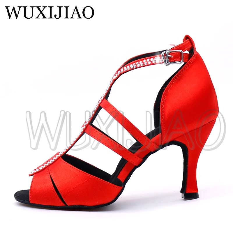 WUXIJIAO New white Satin Latin Dance Shoes Women Salsa Rhinestone Shoes Dance For Woman Ballroom Dancing Shoes heel 5cm-10cm