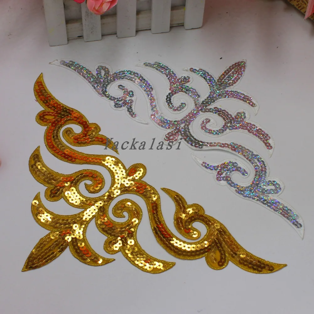 Iron On Appliques Sequined Embroidery Patches Cosplay Appliqued Apparel Trim Gold Silver 29*13.5cm