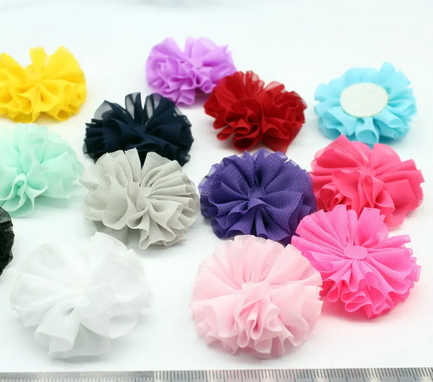 12 pçs chiffon flor 45mm pequeno tecido flor com almofada em branco centro bandana flor grampo de cabelo diy mix cor ou você escolher